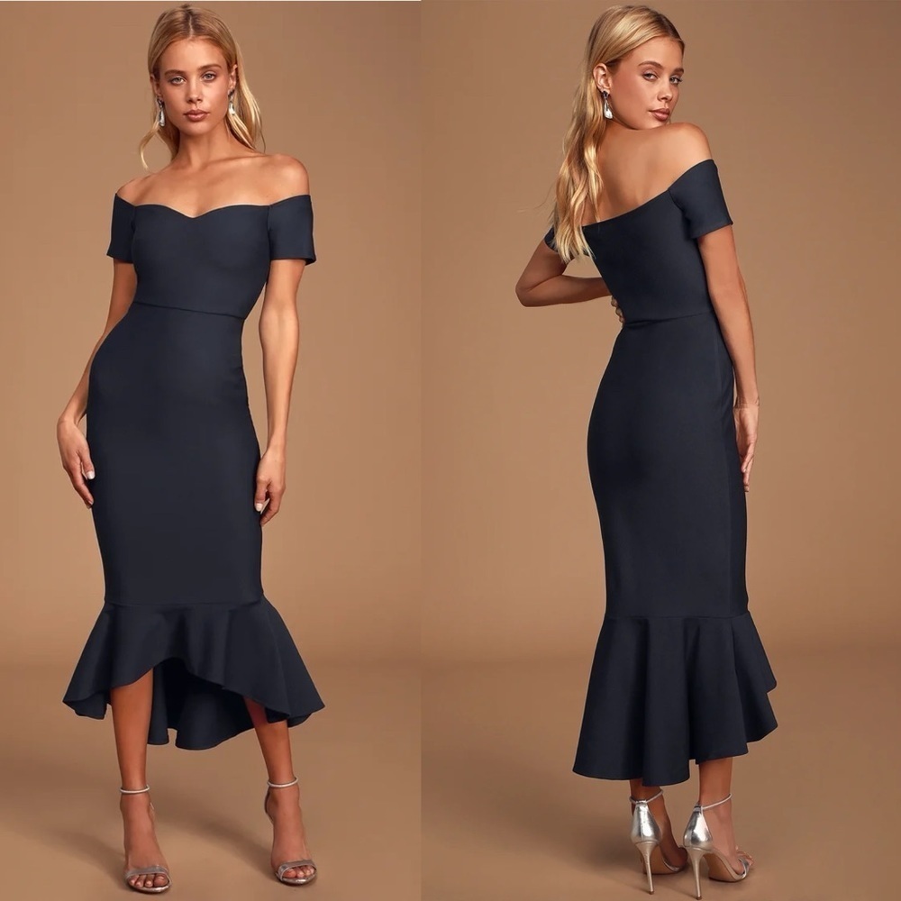 Lulu's Navy Off-the-Shoulder Mermaid Midi Dress